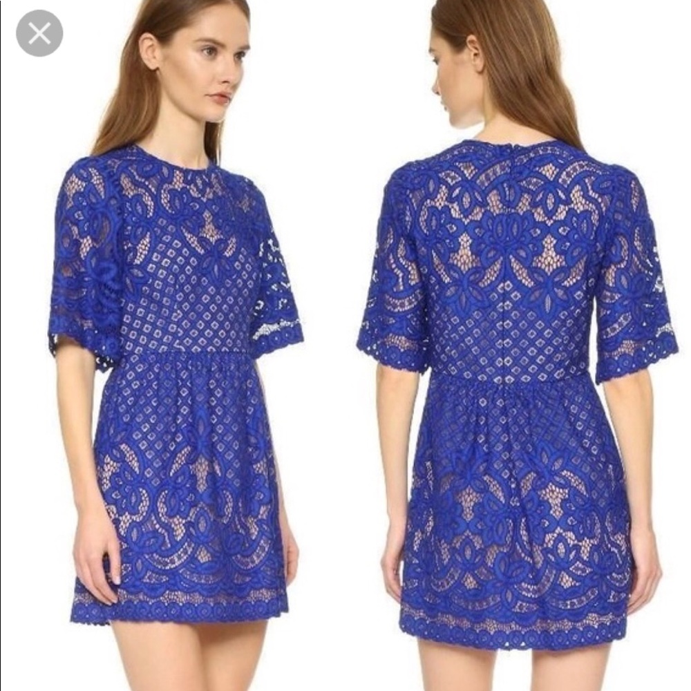 BCBG Royal Blue Lace Bell Sleeve Mini Dress